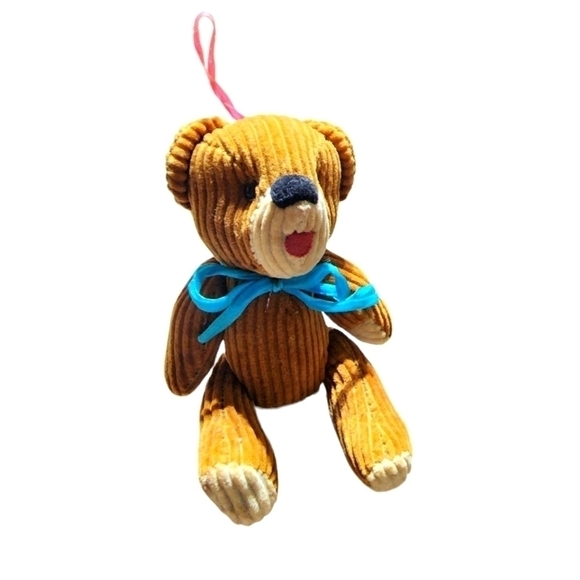 Vintage mini Corduroy bear ornament tan with blue bow moveable - Picture 8 of 13